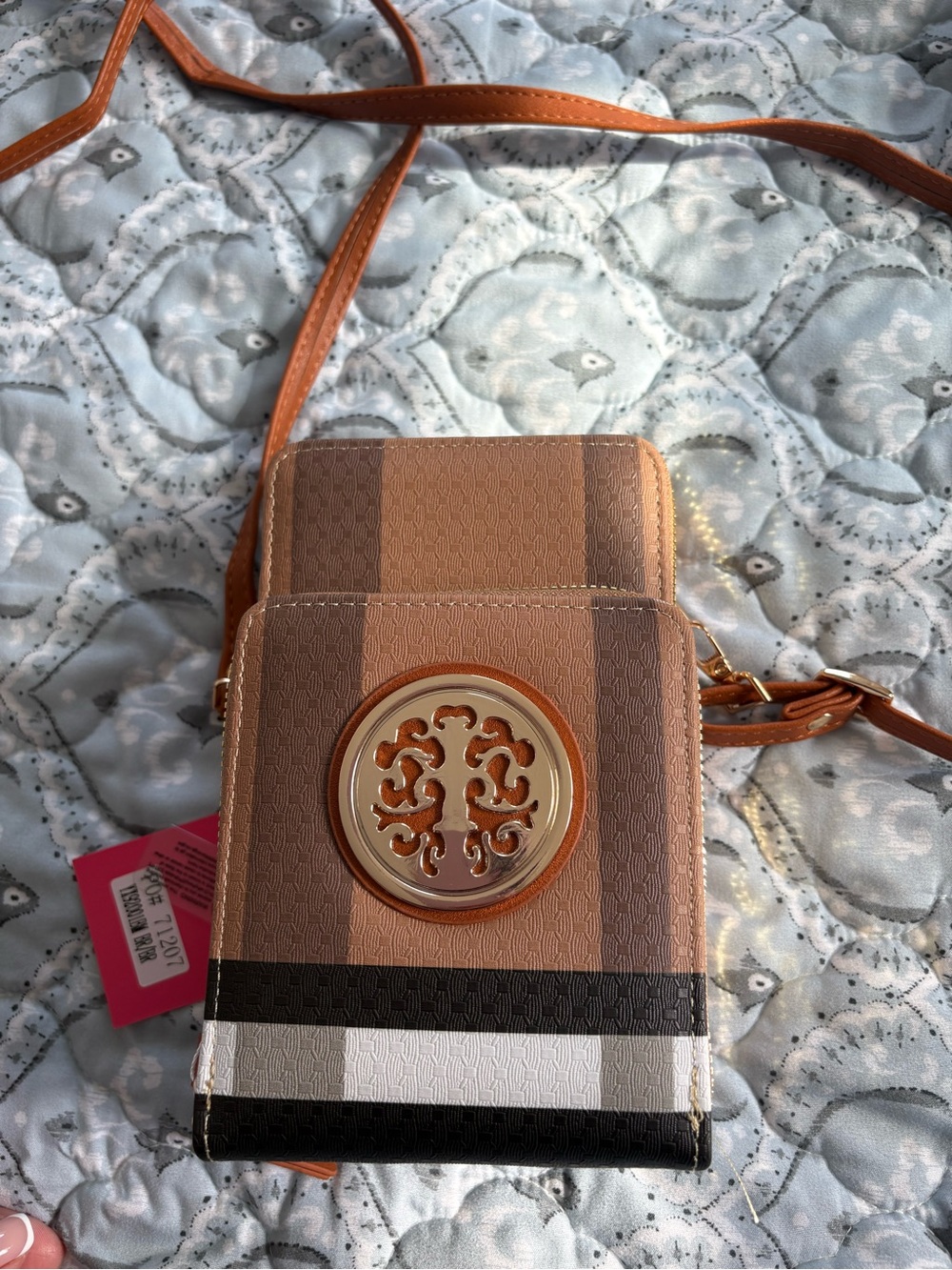 Women’s Brown Striped Crossbody Phone Bag with Gold Emblem
